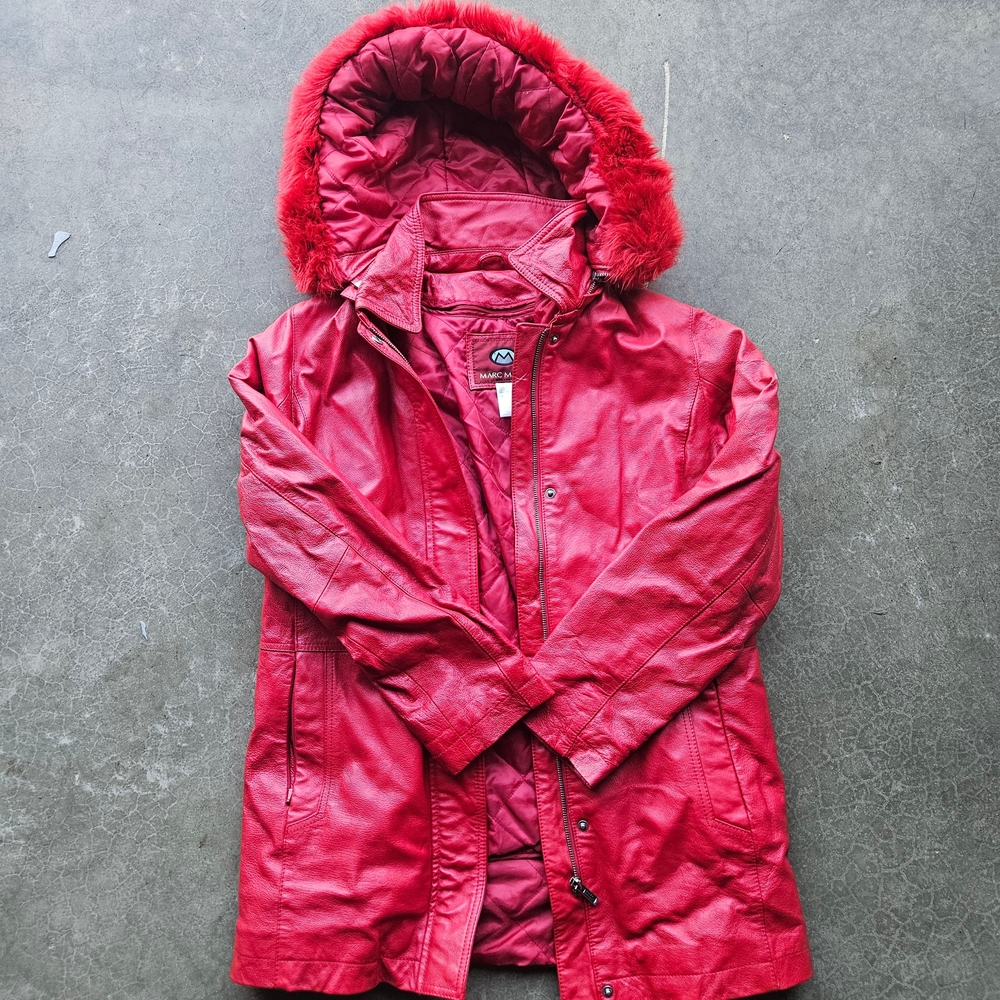 Marc Mattis Red Genuine Leather Coat Fur Hood Quilted Lined Women's S